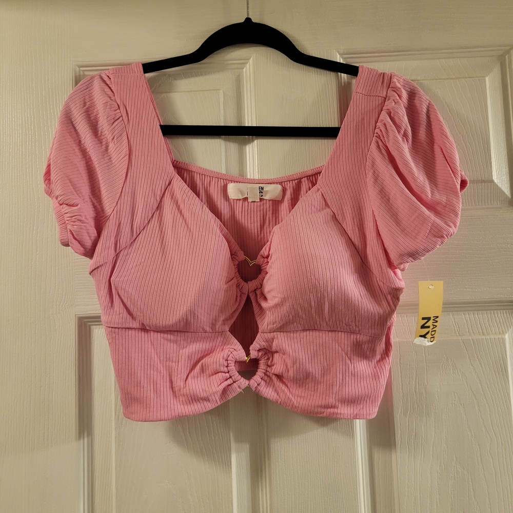 Pink Puff Sleeve Top With Heart Cut Outa